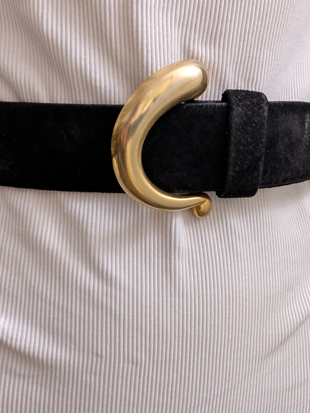 Anne Klein Black Suede Belt with Sculptural Gold Buckle
